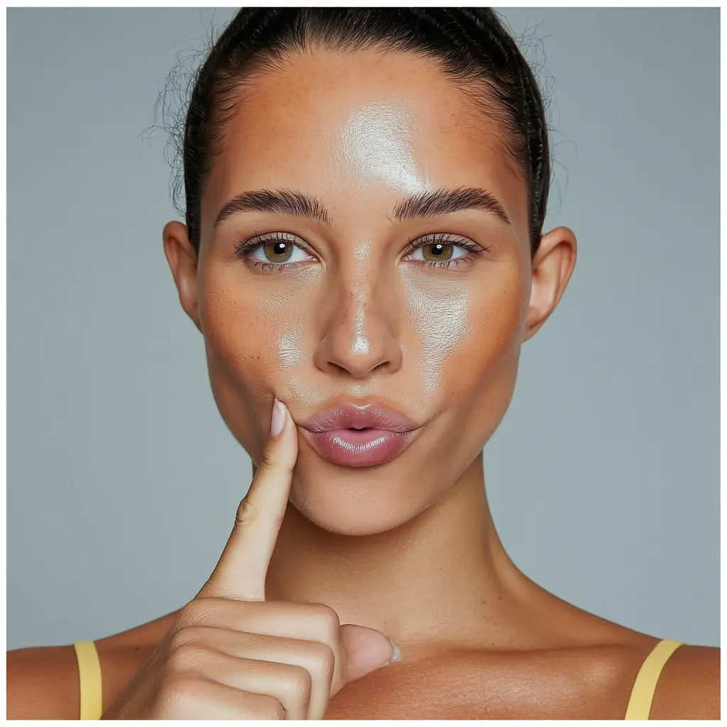 Woman with glowing skin touching her lips in a calm, mindful pose