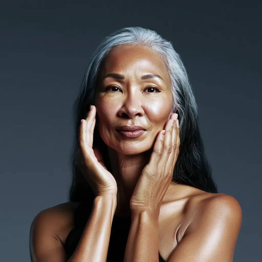 Confident woman with healthy glowing skin and silver hair representing immune resilience
