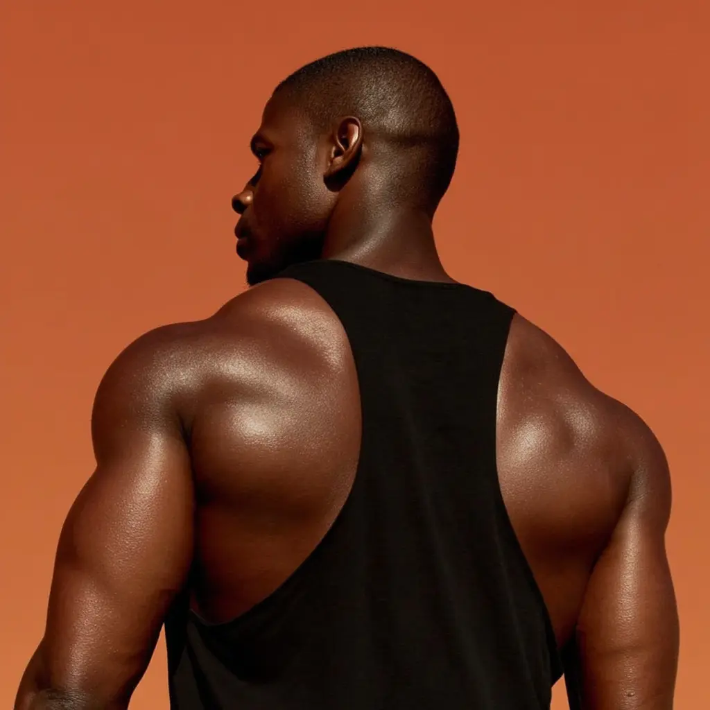 Muscular man in black athletic tank top against a warm orange background