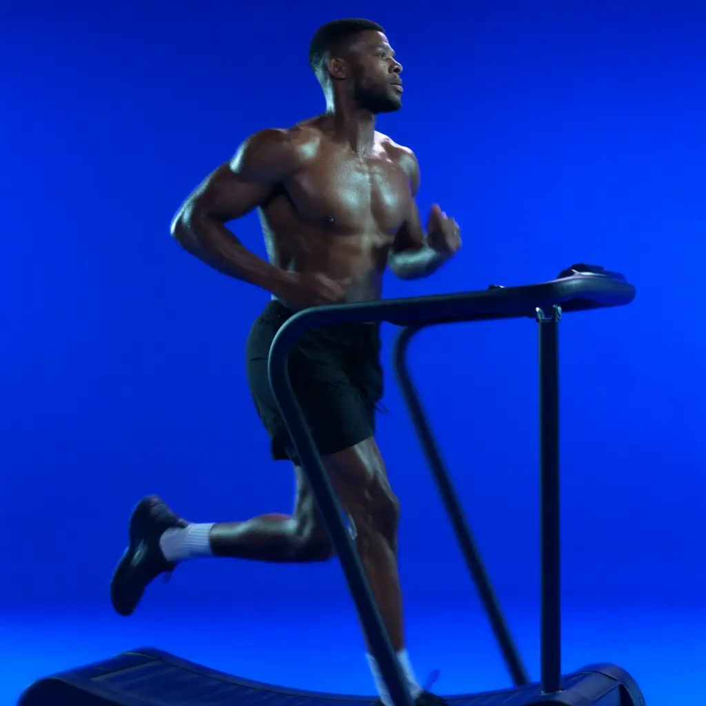 Athletic man running on a treadmill against a deep blue background