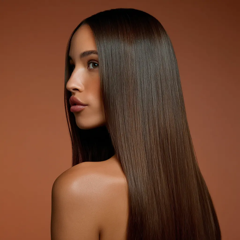 Woman with smooth, healthy hair and glowing skin against a warm terracotta background