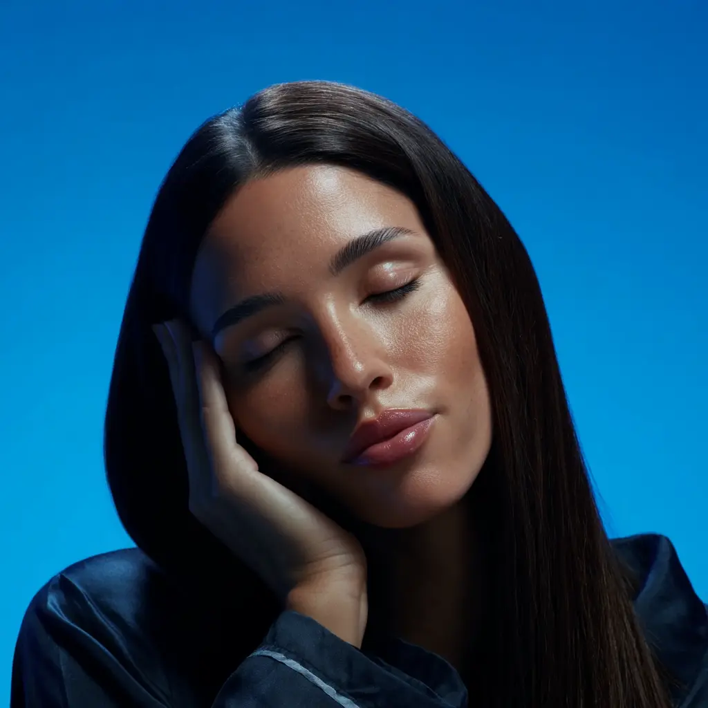 Woman resting peacefully with eyes closed against a calming blue background