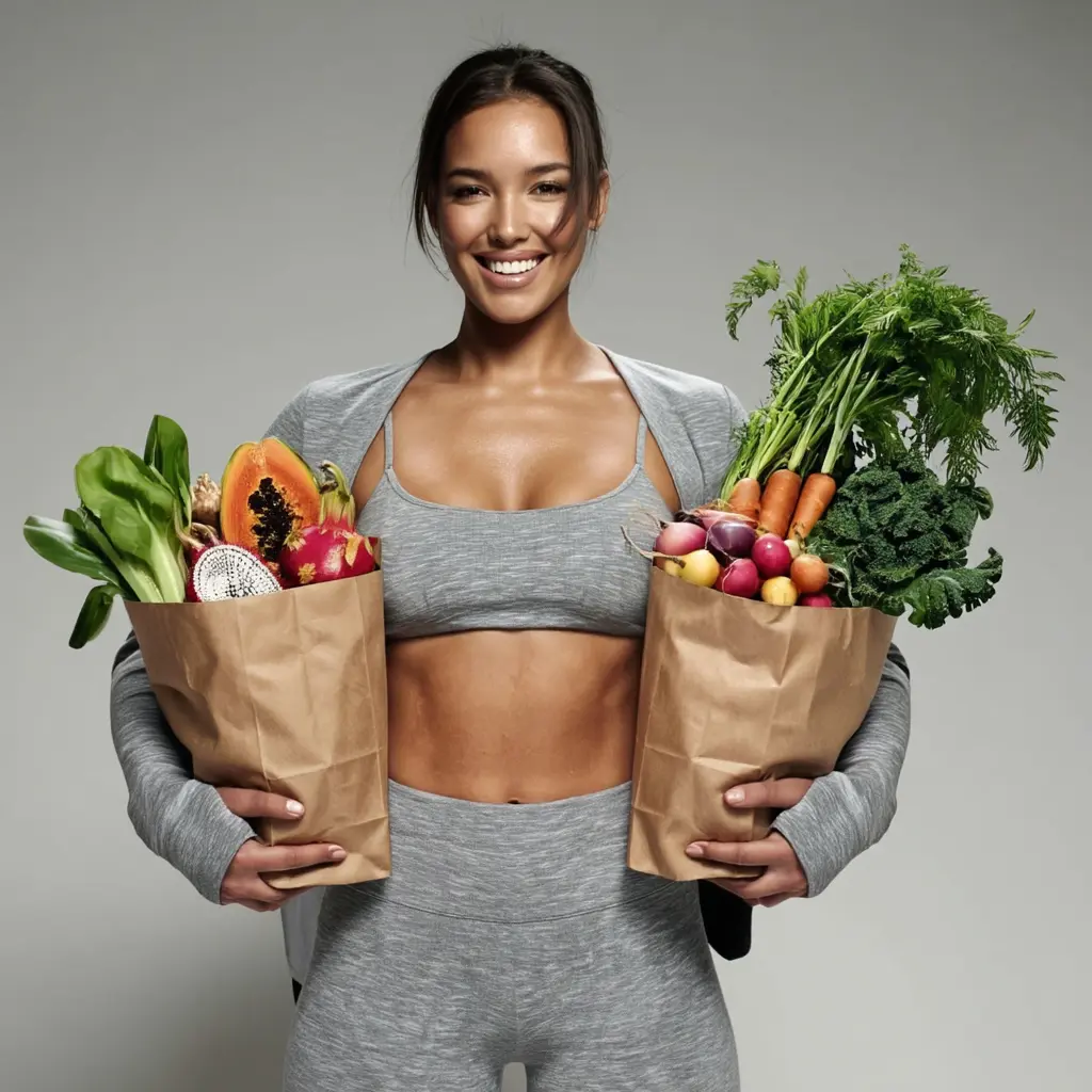 Smiling woman in athletic wear holding two bags of fresh vegetables